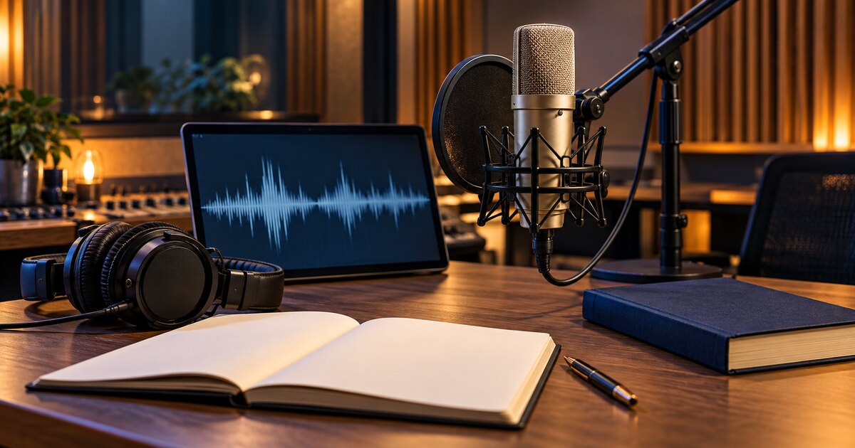Professional audiobook recording studio with microphone, headphones, manuscript and audio waveform