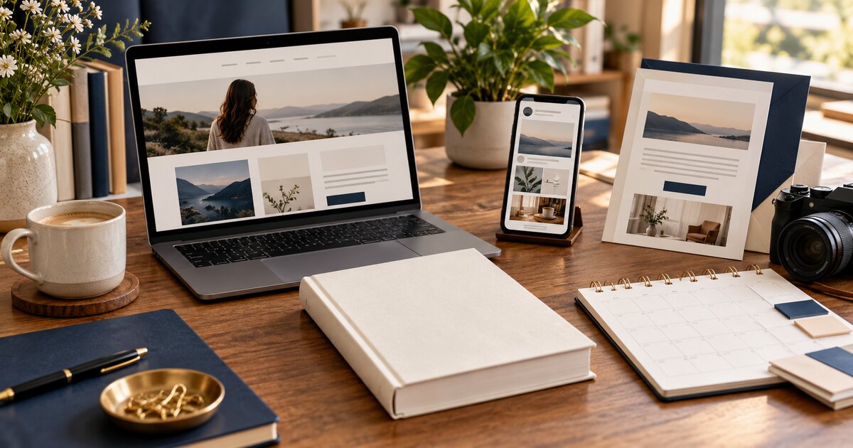 Author platform workspace with blank book, website, newsletter, social content and launch calendar
