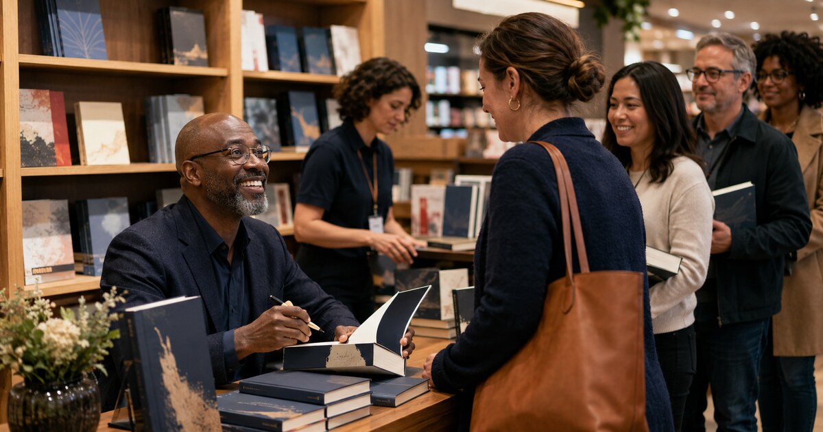 Author signing books for readers during a professional bookstore event
