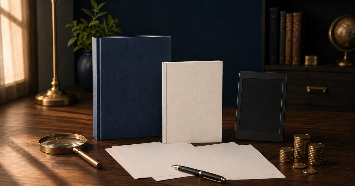 Blank books and e-reader arranged on a publishing desk for book pricing analysis