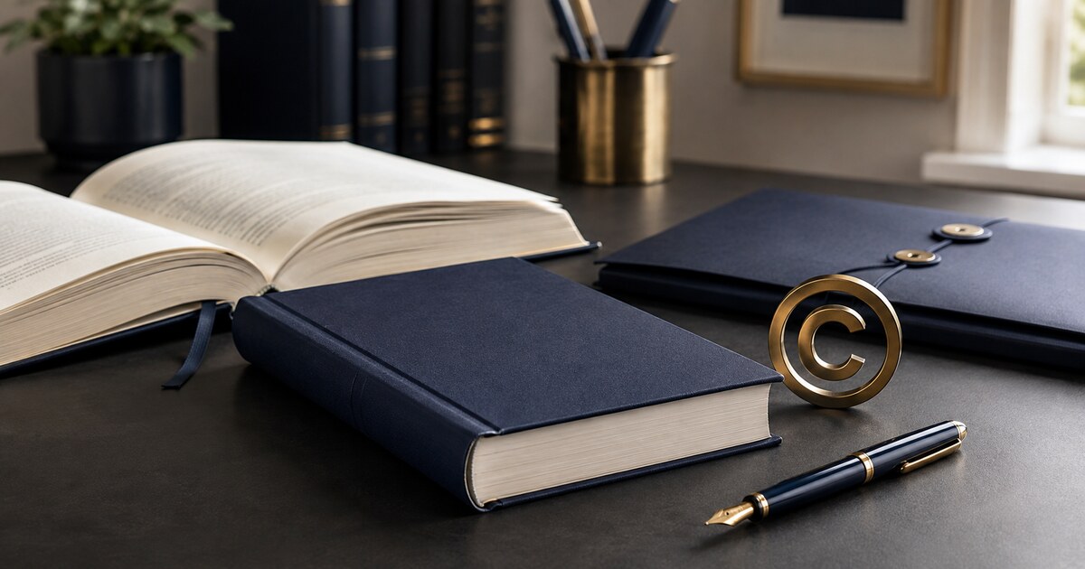 Hardcover books, manuscript and copyright symbol representing book copyright protection