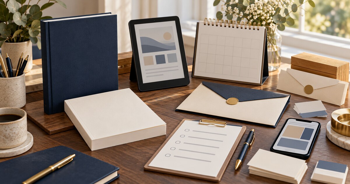 Ethical book launch planning workspace with blank books, calendar, media kit and campaign checklist
