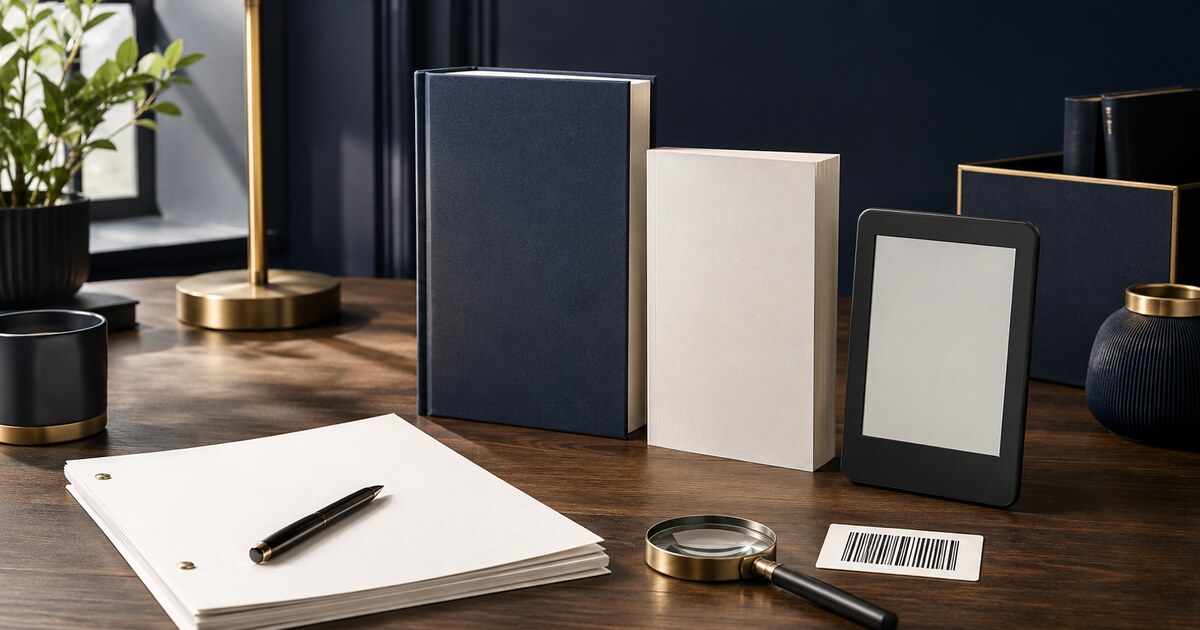Hardcover, paperback, e-reader and barcode card arranged for ISBN planning