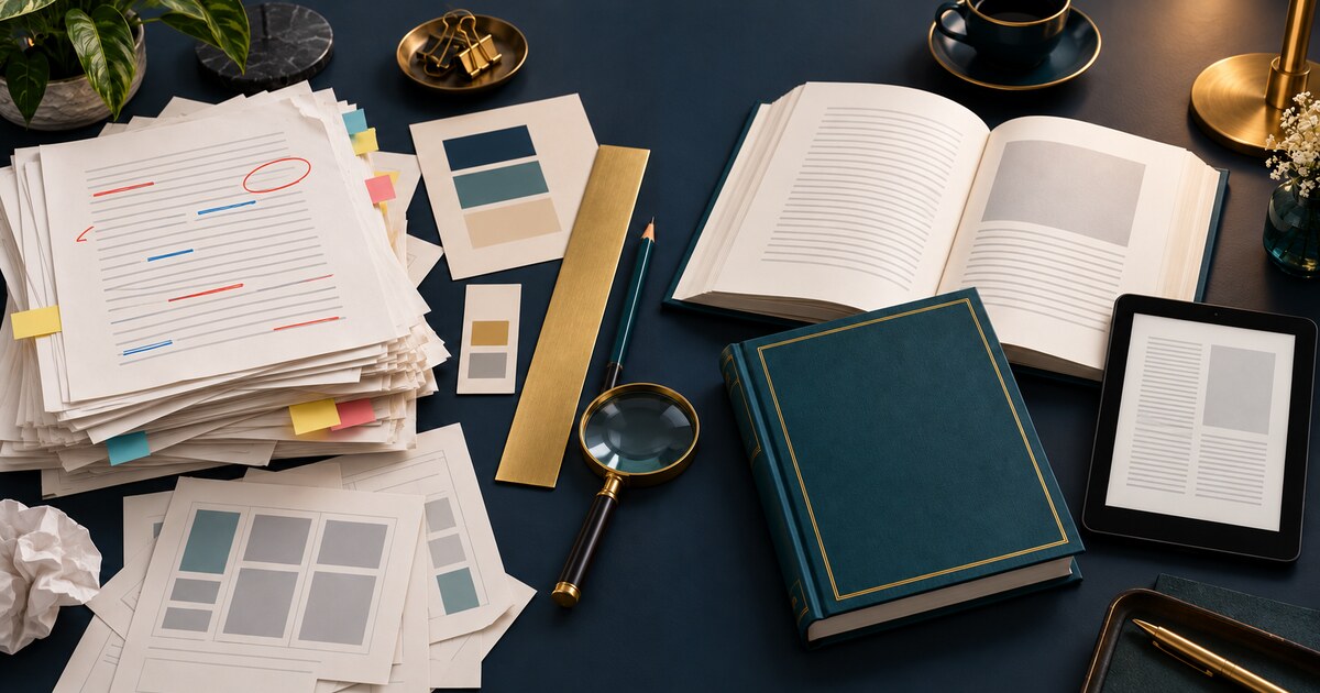 Disorganized manuscript pages transitioning into polished print and digital book formats