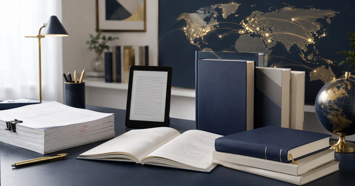 Manuscript, e-reader and finished books representing the book publishing process