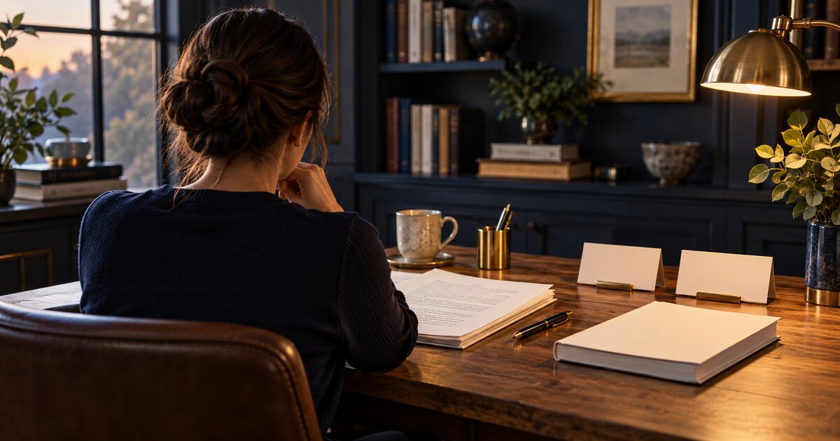 Anonymous author preparing a manuscript and blank book beside two identity cards in a private writing studio